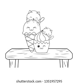 cute little cats with ice cream and cupcake kawaii