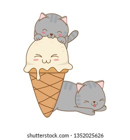 cute little cats with ice cream and cupcake kawaii