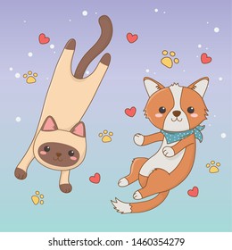 cute little cats mascots with pawprints and hearts pattern