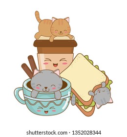 cute little cats with sandwich kawaii characters