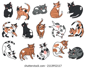 Cute little cats set. Lovely kitten clipart. Doodle cat stickers. Vector illustration.