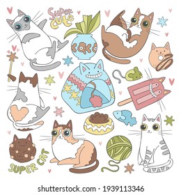 Cute little cats. Stickers set. Cat toys, cat house, cat food. Sweets: cookies, ice lolly, donut. Stars print. Lettering. Isolated vector on white background. 