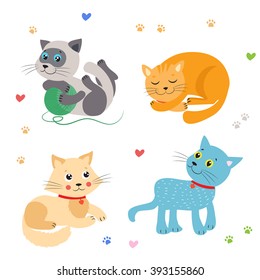 Cute Little Cats Vector Illustration Set. Cat Mascot Vector. Cartoon Playing Kittens On White Background.