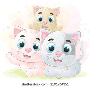 Cute little Cats with watercolor illustration