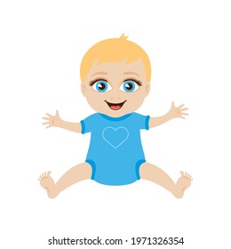 Cute little caucasian baby boy in blue clothes icon vector. Smiling baby boy icon isolated on a white background. Baby big eyes cartoon character	