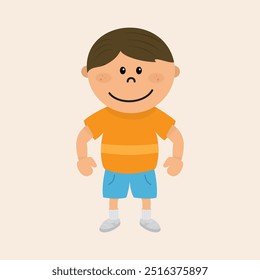 Cute little caucasian boy vector art illustration. Kid boy with brown hair, big smile, freckles and happy mood. Orange t-shirt, blue shorts and grey shoes. Flat style, vector line 100% resizable.