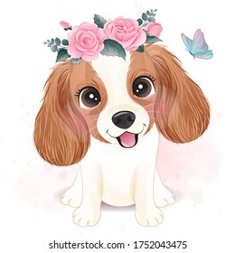 Cute little Cavalier King Charles with floral illustration