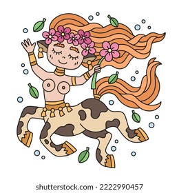 Cute little centaur ginger girl in summer. Funny magical woodland creature. Woman character wearing flower wreath. Running half horse human. Fantasy cartoon  vector illustration for adult. Isolated