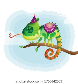 cute little chameleon with accessories in the children's style. cute cartoon little chameleon vector illustration