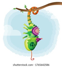 cute little chameleon with accessories in the children's style. cute cartoon little chameleon vector illustration