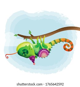 cute little chameleon with accessories in the children's style. cute cartoon little chameleon vector illustration