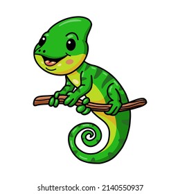 Cute little chameleon cartoon on tree branch