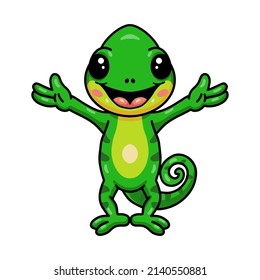 Cute little chameleon cartoon raising hands