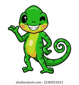 Cute little chameleon cartoon waving hand