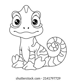 Cute little chameleon coloring page. Outline vector cartoon illustration