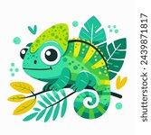 Cute little chameleon sitting on branch. Cartoon style. Funny lizzard. Adorable animal, chameleon with bright camouflage isolated on white background. Childish print design