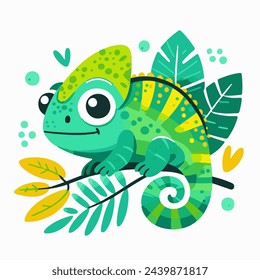 Cute little chameleon sitting on branch. Cartoon style. Funny lizzard. Adorable animal, chameleon with bright camouflage isolated on white background. Childish print design