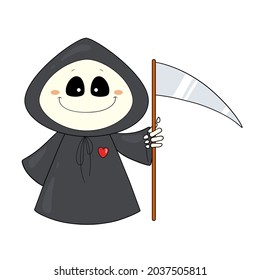 Cute little character death with a scythe, a gloomy priest in a black cloak with a spear and a red heart for your design for the Halloween holiday. Monster. Skeleton. Painting. Vector illustration 