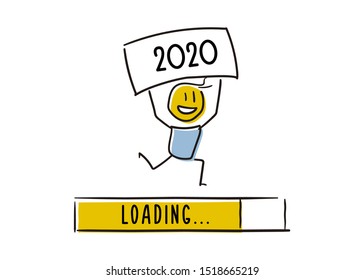 Cute little character happily announcing the new year approaching. Holding a 2020 board above his head. Vector doodle illustration