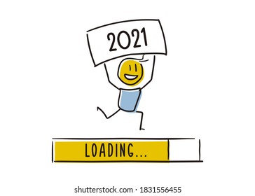 Cute little character happily announcing the new year approaching. Holding a 2021 board above his head. Vector doodle illustration