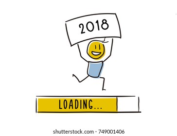 Cute little character happily announcing the new year approaching. Loading Bar almost reaching 2018. Vector doodle illustration