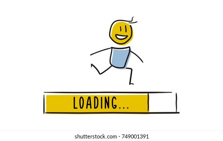 Cute little character running with loading bar reaching the end. Concept symbolizing progress. Vector doodle illustration