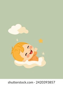 Pequeño y alegre niño pequeño en una nube, espacio de copia, ilustración vectorial