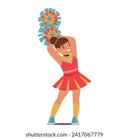 Cute Little Cheerleader Child Adorned In Vibrant Colors, Wields Pompoms With Infectious Joy, Radiating Innocence And Enthusiasm That Melts Hearts And Inspires Cheer. Cartoon People Vector Illustration