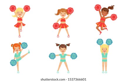 Cute Little Cheerleader Girls Dancing Set, Girls Dancers with Pompoms During Sports Competition Vector Illustration