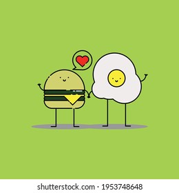 Cute little cheese burger with love and egg hold hand Illustration. modern simple food vector icon, flat graphic symbol in trendy flat design style. Food character. Junk food logo for restaurant. 