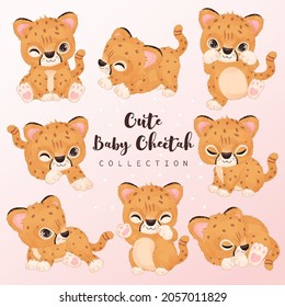 Cute Little Cheetah Clipart Collection In Watercolor Illustration	
