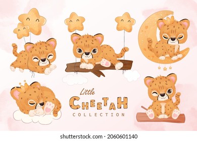 Cute Little Cheetah Clipart Set In Watercolor