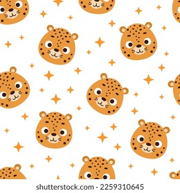 Cute little cheetah head seamless childish pattern. Funny cartoon animal character for fabric, wrapping, textile, wallpaper, apparel. Vector illustration