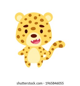 Cute little cheetah on white background. Cartoon animal character for kids cards, baby shower, birthday invitation, house interior. Bright colored childish vector illustration.