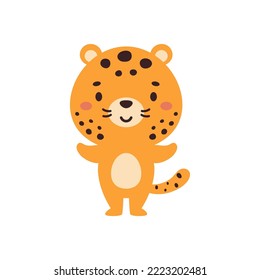 Cute little cheetah on white background. Cartoon animal character for kids cards, baby shower, invitation, poster, t-shirt composition, house interior. Vector stock illustration