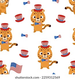 Cute little cheetah in USA patriotic hat seamless childish pattern. Funny cartoon animal character for fabric, wrapping, textile, wallpaper, apparel. Vector illustration