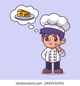 Lindo un pequeño chef niño pensando queso ilustración de dibujos animados. Estudia el concepto de icono. Estilo de dibujos animados planos.