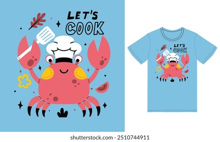 Cute little chef crab with tshirt design premium vector the Concept of Isolated Technology. Flat Cartoon Style Suitable for Landing Web Pages,T shirt, Flyers, Stickers