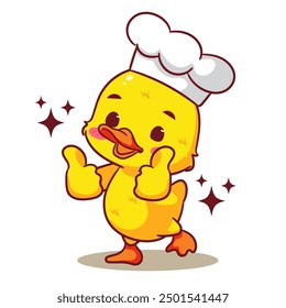 Süße kleine Chef Duck zeigt Daumen nach oben Cartoon Vektor. Liebenswert und Kawaii Tierkonzept Design. Symbol-Maskottchen-Illustration, isolierter weißer Hintergrund.