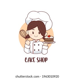 Cute little chef girl holding chocolate strawberry cake logo template