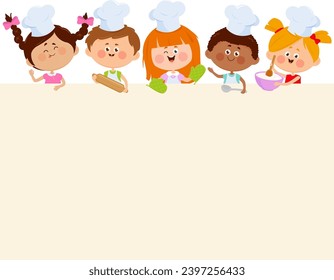 Cute little chef kids cooking meal menu, poster, banner template. Blank banner with children, boys and girls with cooking hats. Group of children chefs holding cooking utensils. Vector illustration.