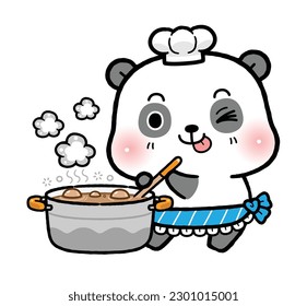 Cute little chef panda cooking food. Flat cartoon style