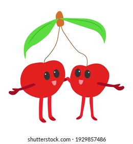 Cute little cherries isolated on white. Kawaii fruit cartoon character	