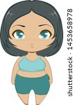 Cute little chibi workout woman with shoulder-length black hair and blue eyes wearing a two-piece outfit (spandex sportsbra & shorts).  Isolated vector art on a transparent background.