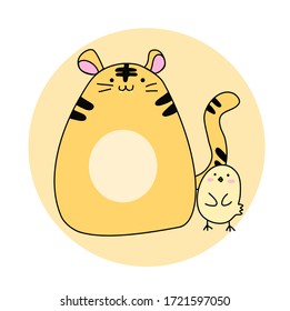 Cute little chick with big tiger