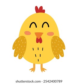 Cute little chick in cartoon style. Happy baby chicken for kids design. Farm character isolated on white background. Vector illustration