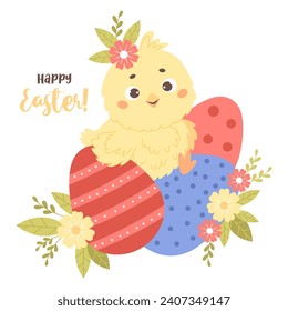 Pequeño personaje de polluelo con huevos de Pascua y flores. Feliz Pascua. Tarjeta de pasaje de vacaciones. Ilustración vectorial. Colección de niños