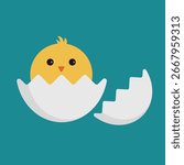 cute little Chick in cracked egg flat icon vector illustration isolated