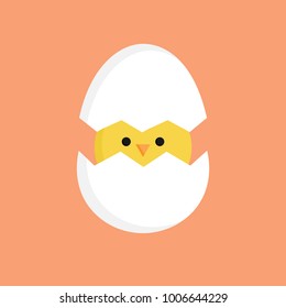 Cute little chick in cracked egg vector graphic illustration. Easter themed, yellow chicken cartoon with cracked eggshell, isolated on orange background.