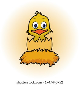Cute little chick in cracked egg vector graphic illustration